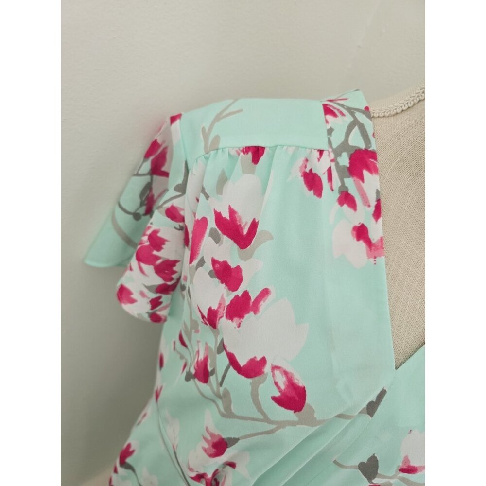 Alex Marie Elise Mint Green Pink Floral Flutter Sleeves V-Neck Dress 14 Large L - Picture 8 of 13